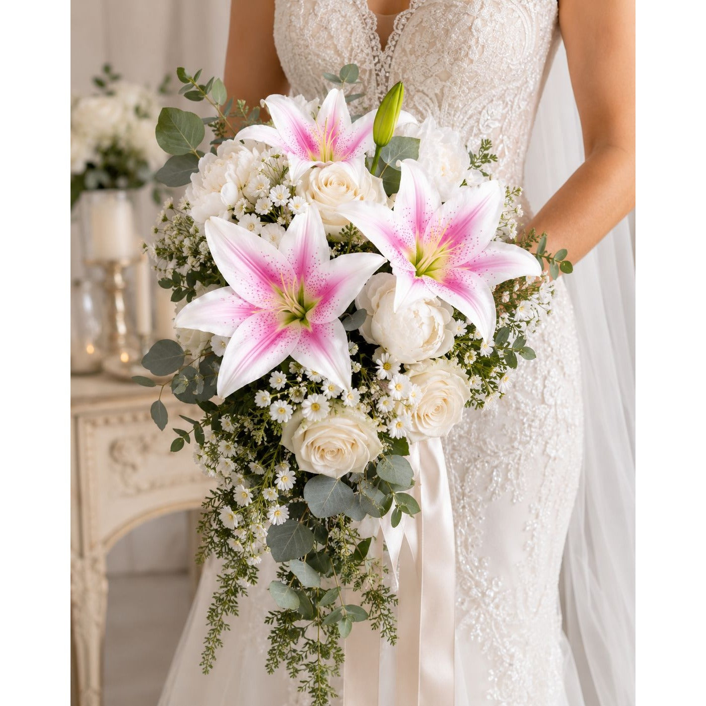 Real Touch Blush Pink Stargazer Lily Stems Set of 2, Artificial Lily Flowers, Faux Wedding Flowers, Pink Lily Spray, French Country Decor, C