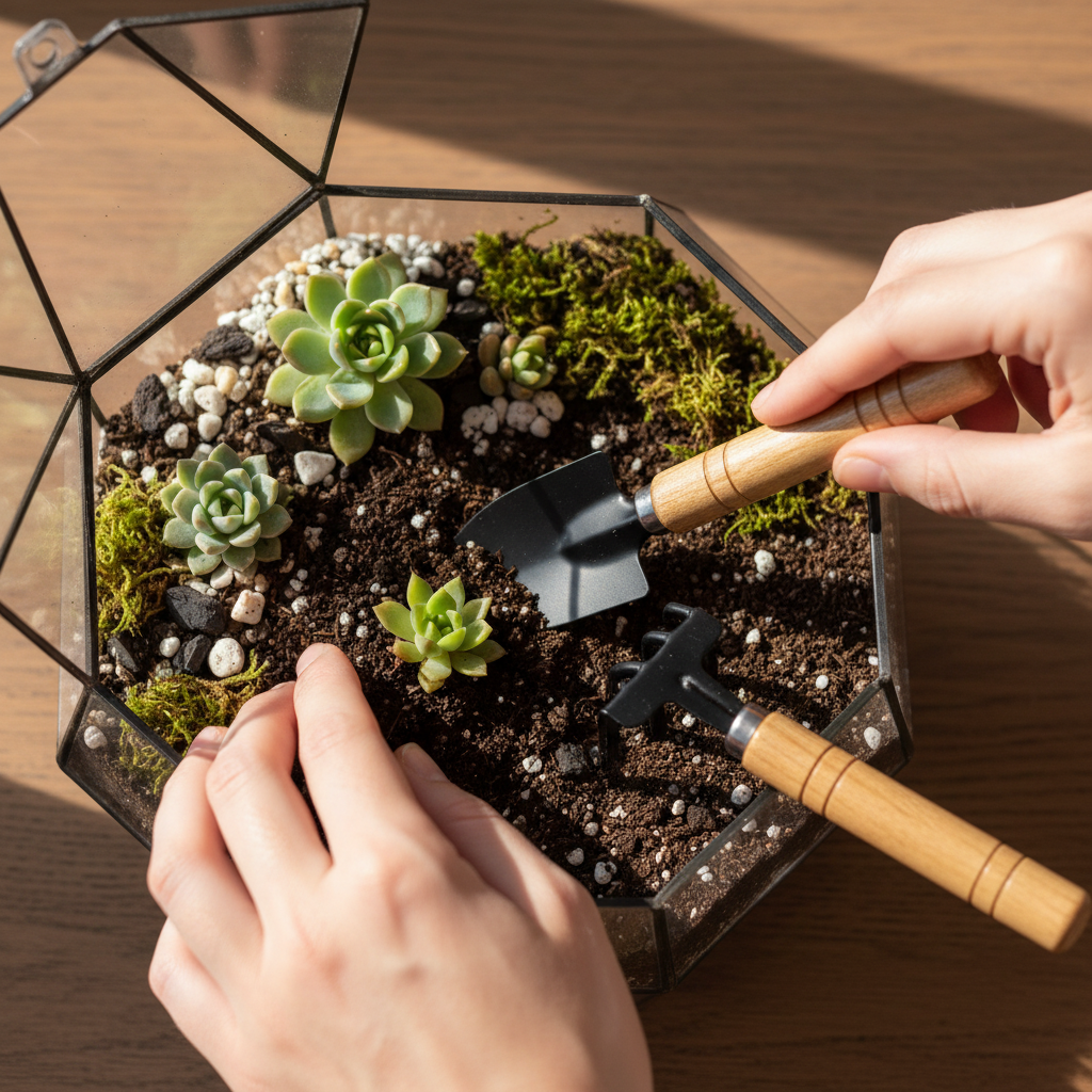 Miniature gardening tools tending succulent terrarium