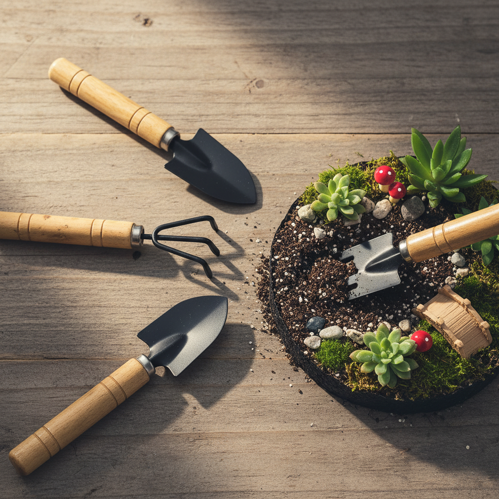 Miniature gardening tools with fairy garden scene