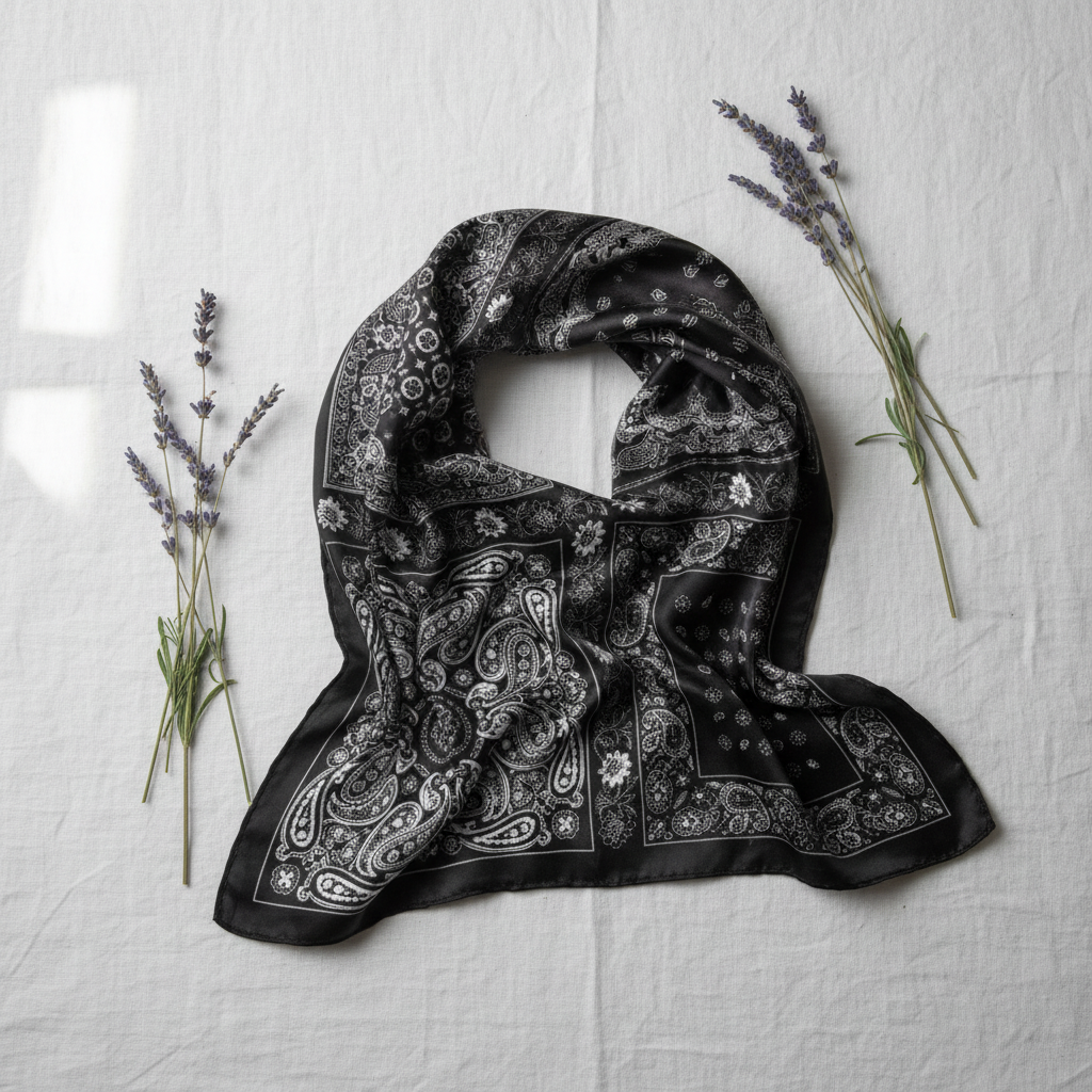 Satin paisley bandana flat lay with dried lavender minimalist western styling
