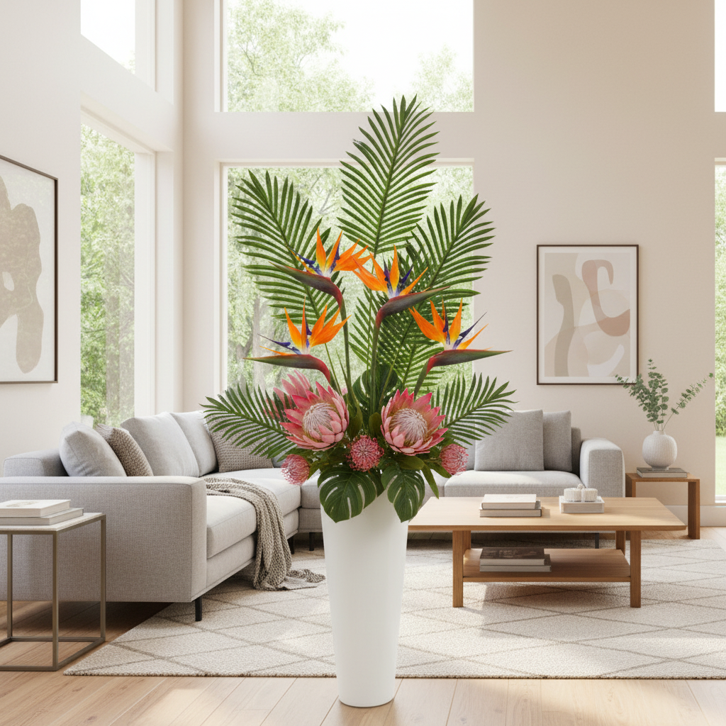 Modern tropical display with palm leaves, bird of paradise, and protea in floor vase