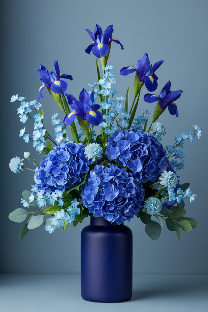 Monochromatic Blue — Navy Vase, Cobalt Iris, Blue Hydrangea, Blue Mini Blossom Filler