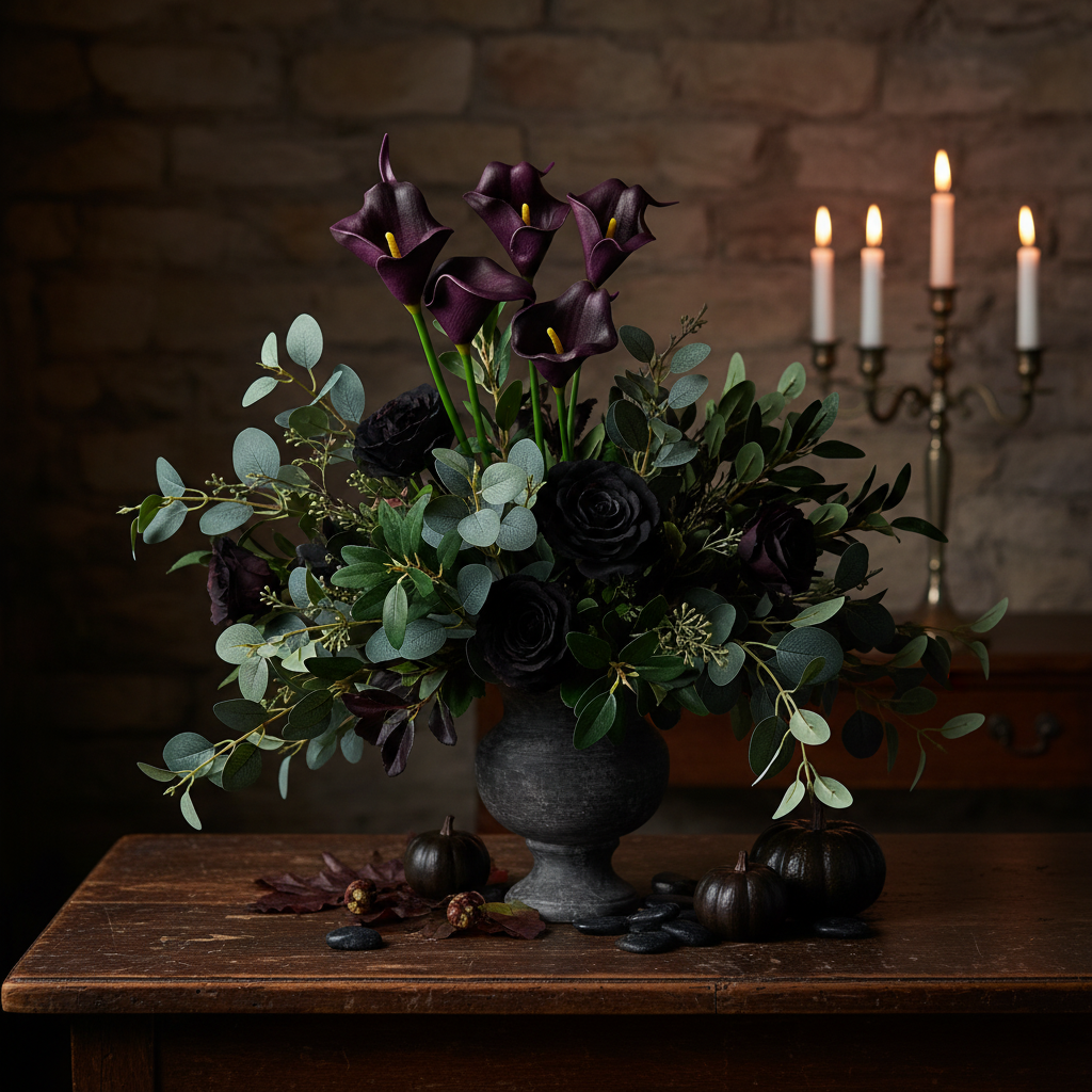 Moody arrangement with greenery