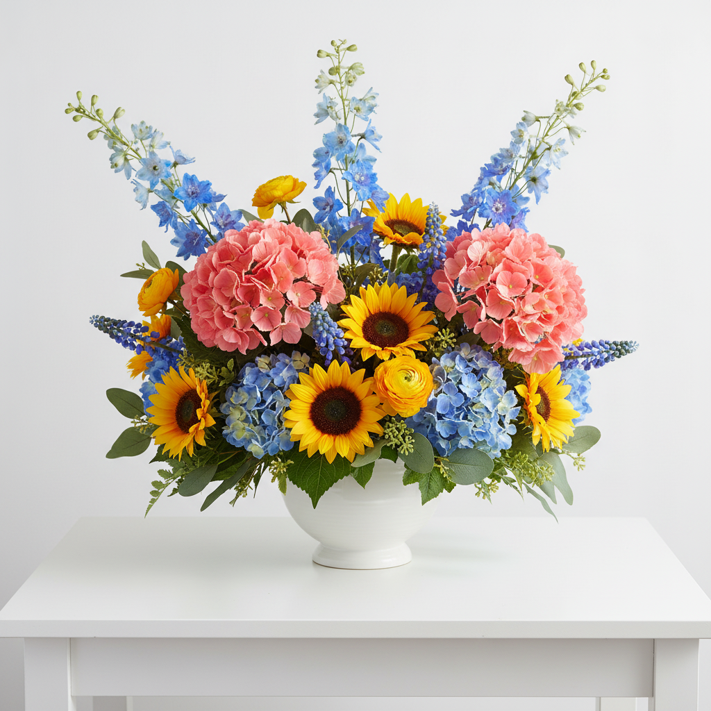 More blue - coral, yellow & blue arrangement