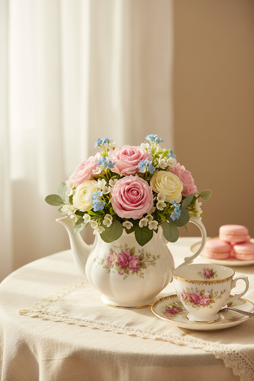Mother's Day Teapot — Short Compact Arrangement, Pink Roses, Blue Mini Blossom Accents