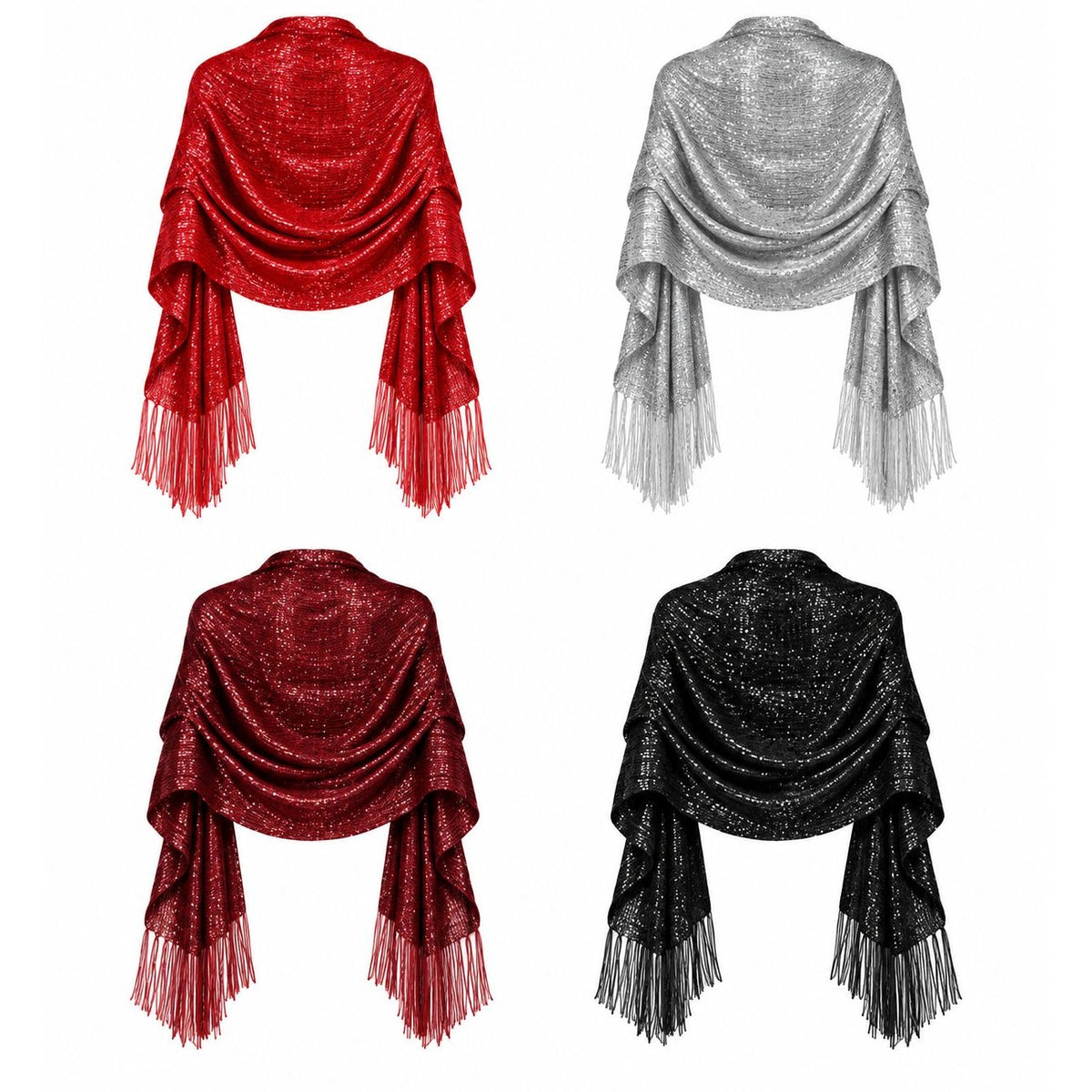 Black Metallic Shawl Wrap 70 x 18 in Silver Shimmer Fringe & Scarf Slide