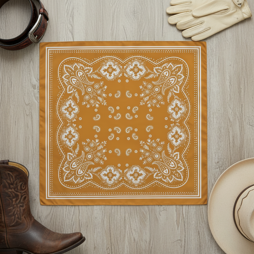 Mustard-gold paisley scarf shown fully open in a styled flat lay