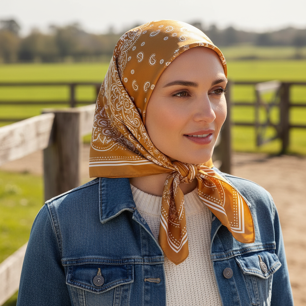 Mustard-gold paisley scarf styled as a head scarf