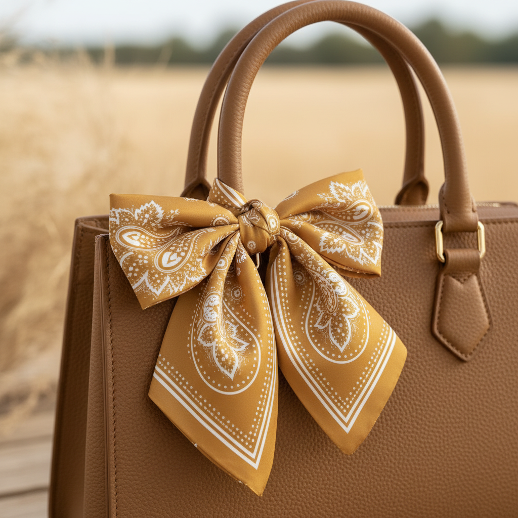 Mustard-gold paisley scarf tied as a handbag bow