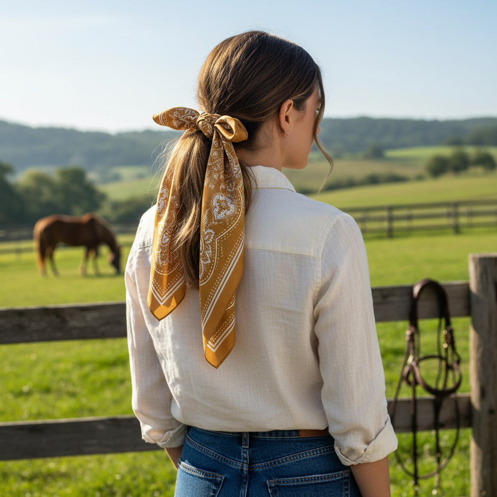 Mustard-gold paisley scarf used as a hair wrap