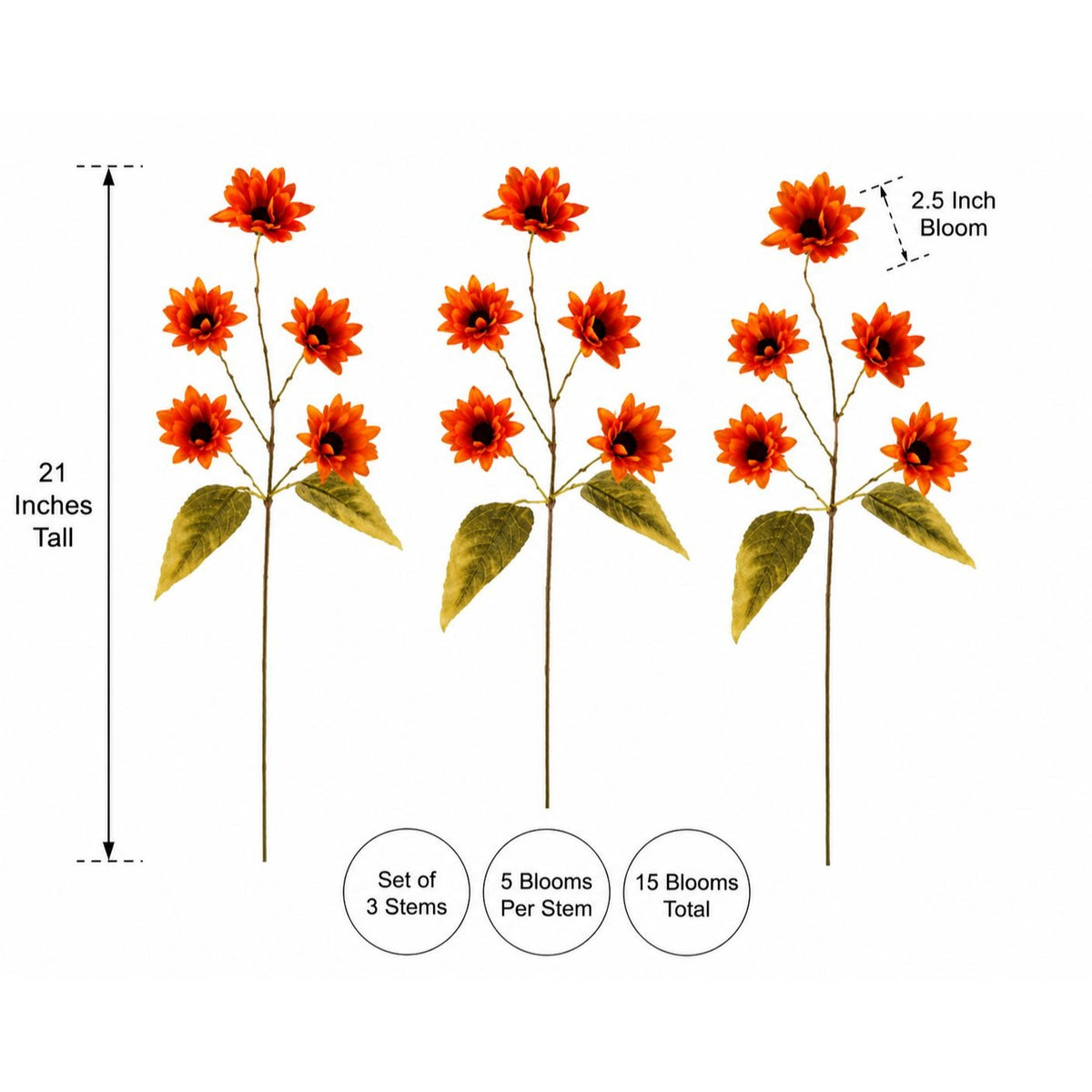 Three artificial sunflower stems shown on a white background with size callouts: 21 inches tall, 2.5 inch bloom, and a set of 3 stems with 5 blooms per stem for a total of 15 blooms.
