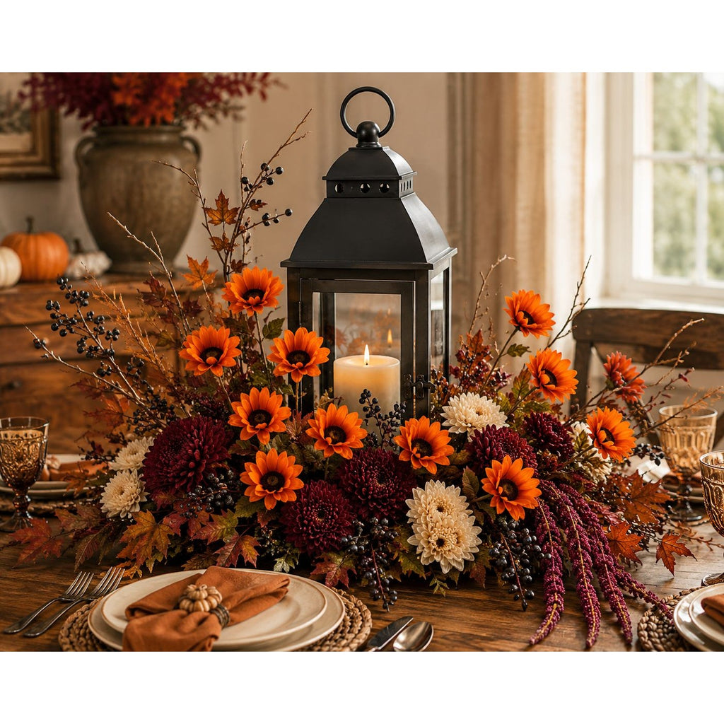 An autumn-themed table centerpiece with a black lantern, orange and burgundy flowers, candles, and fall foliage arranged on a wooden dining table.