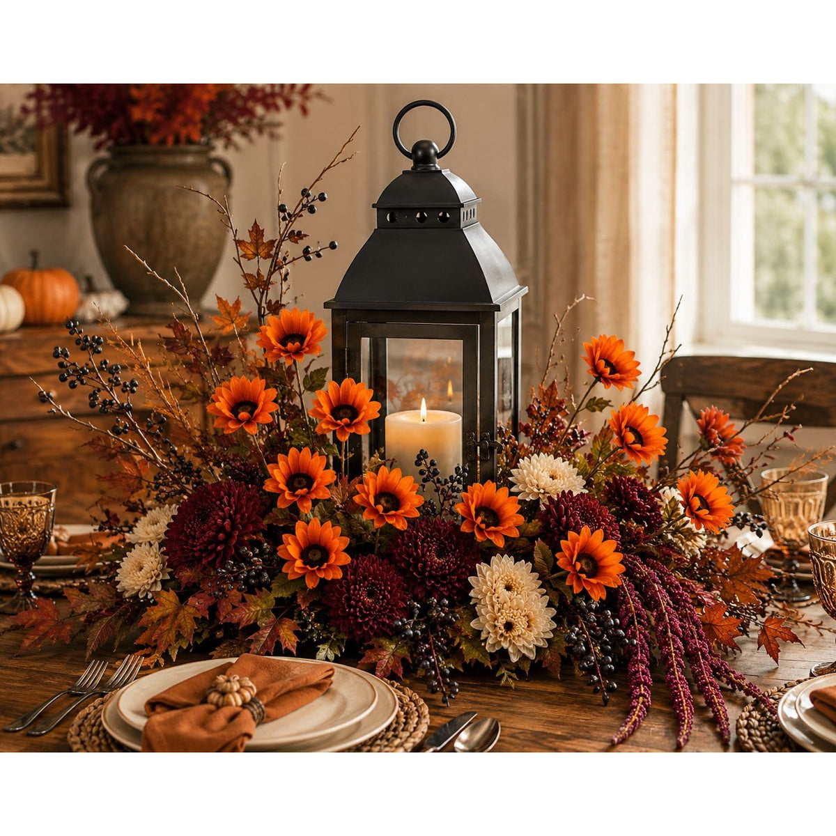 An autumn-themed table centerpiece with a black lantern, orange and burgundy flowers, candles, and fall foliage arranged on a wooden dining table.
