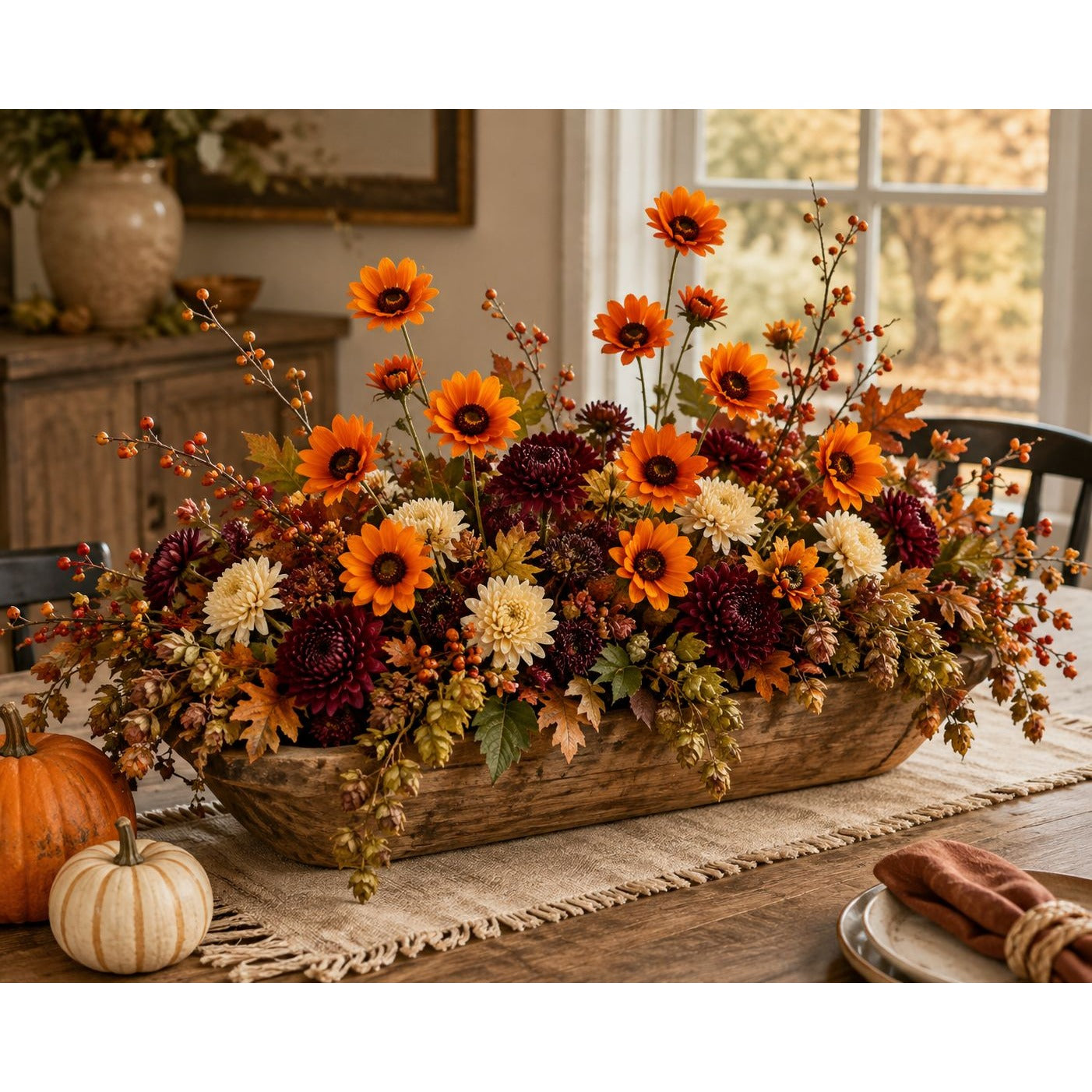 A rustic wooden rectangular planter filled with an autumn floral arrangement, featuring orange daisies, burgundy chrysanthemums, cream flowers, and fall foliage, styled on a dining table with pumpkins and a napkin.
