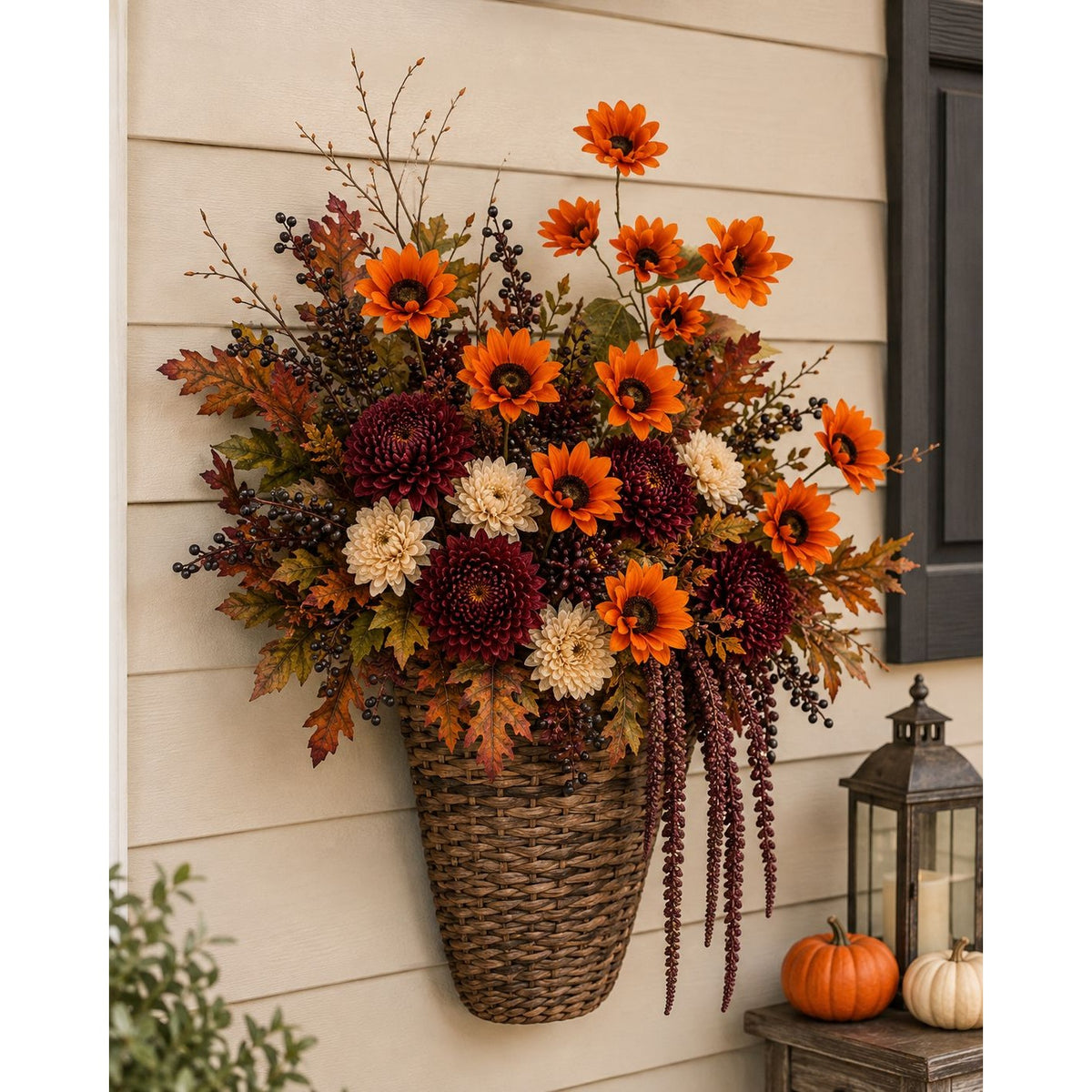 Autumn floral wall arrangement in a woven basket, featuring orange daisies, burgundy chrysanthemums, cream flowers, and fall leaves, mounted on a beige siding wall with a lantern and pumpkins nearby.