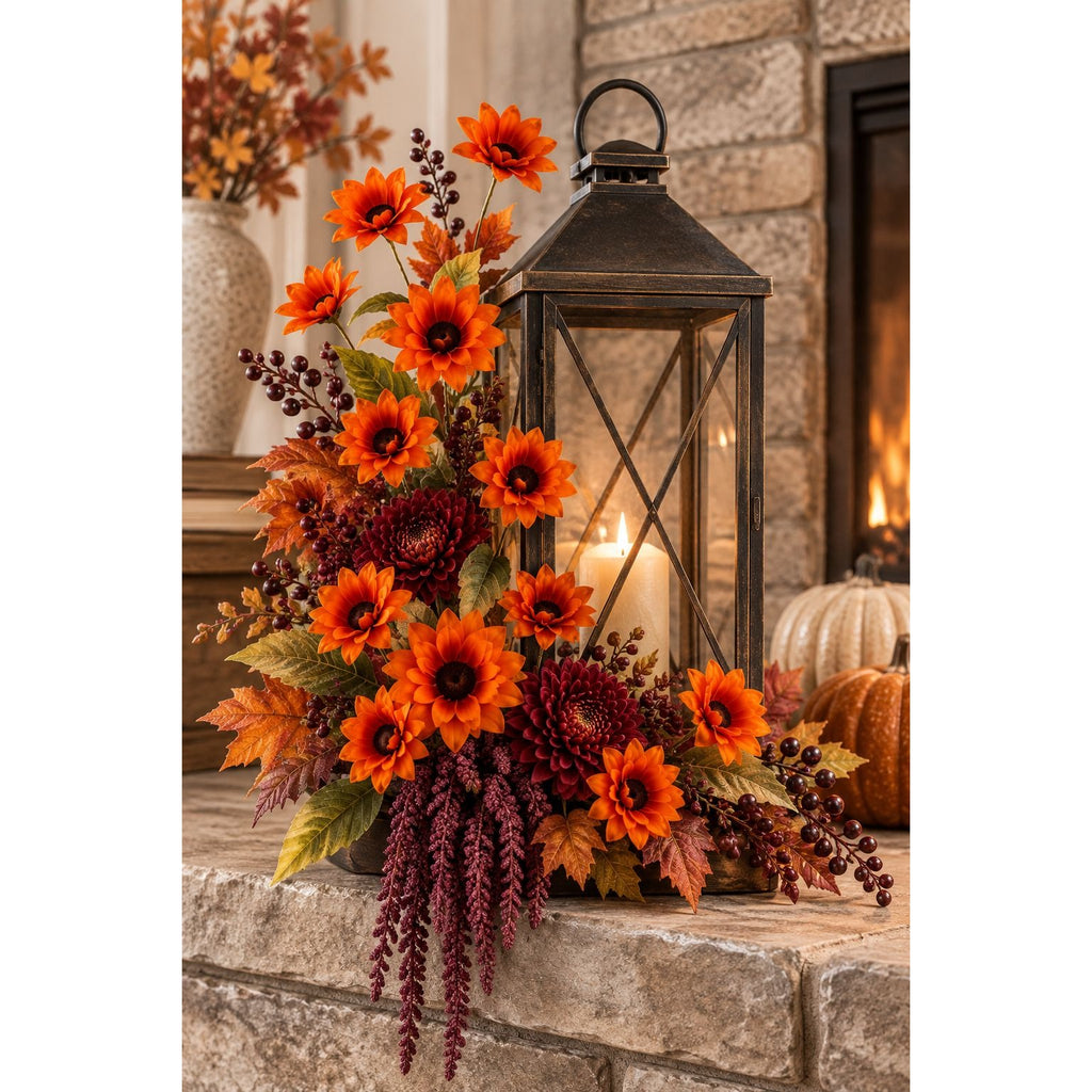 An autumn floral arrangement with bright orange flowers, burgundy berries, and fall leaves, styled beside a black lantern on a stone fireplace ledge with pumpkins and a warm fire in the background.