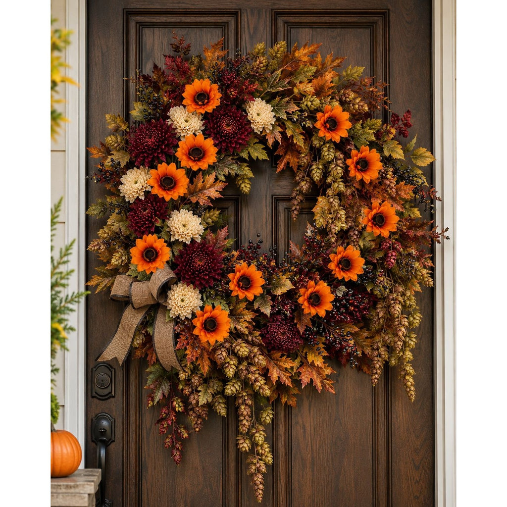 An autumn-themed artificial wreath with orange sunflowers, dark berries, beige foliage, and a burlap ribbon, displayed on a dark brown front door.