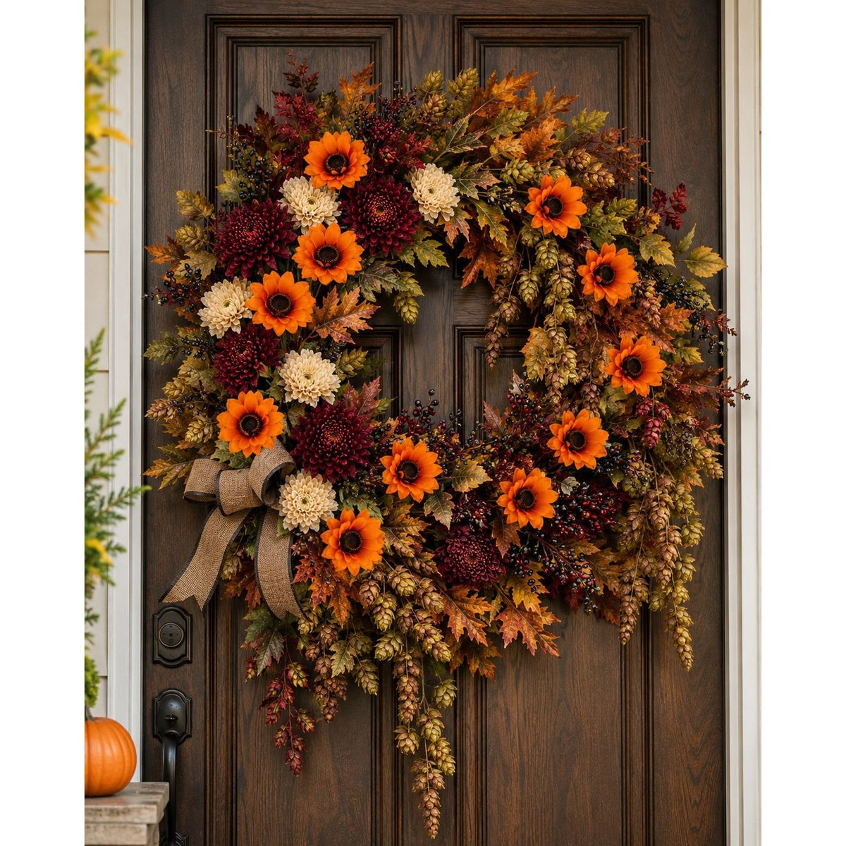 An autumn-themed artificial wreath with orange sunflowers, dark berries, beige foliage, and a burlap ribbon, displayed on a dark brown front door.