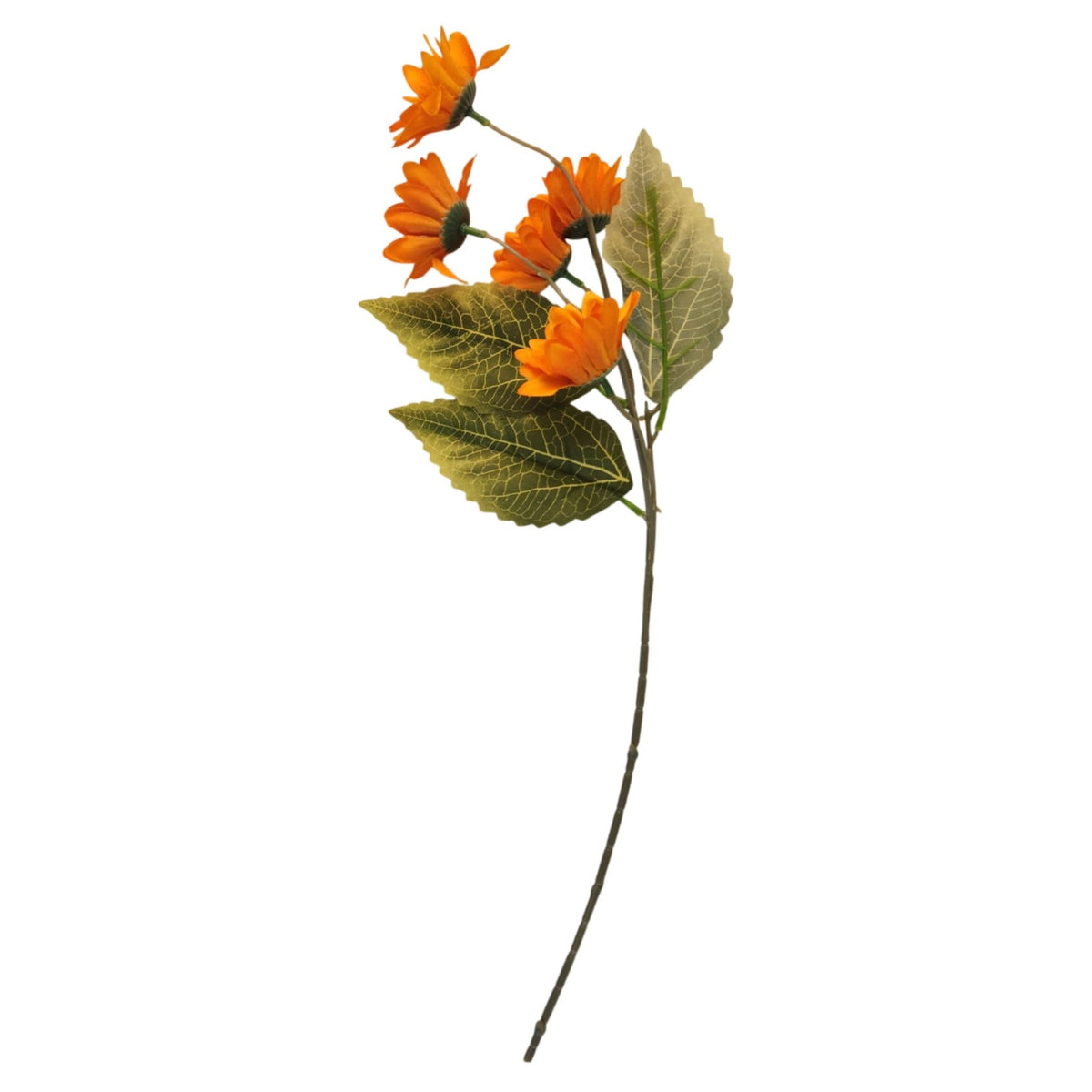 An artificial flower stem featuring bright orange daisy-like blooms with green leaves on a long brown stem, isolated on a white background.
