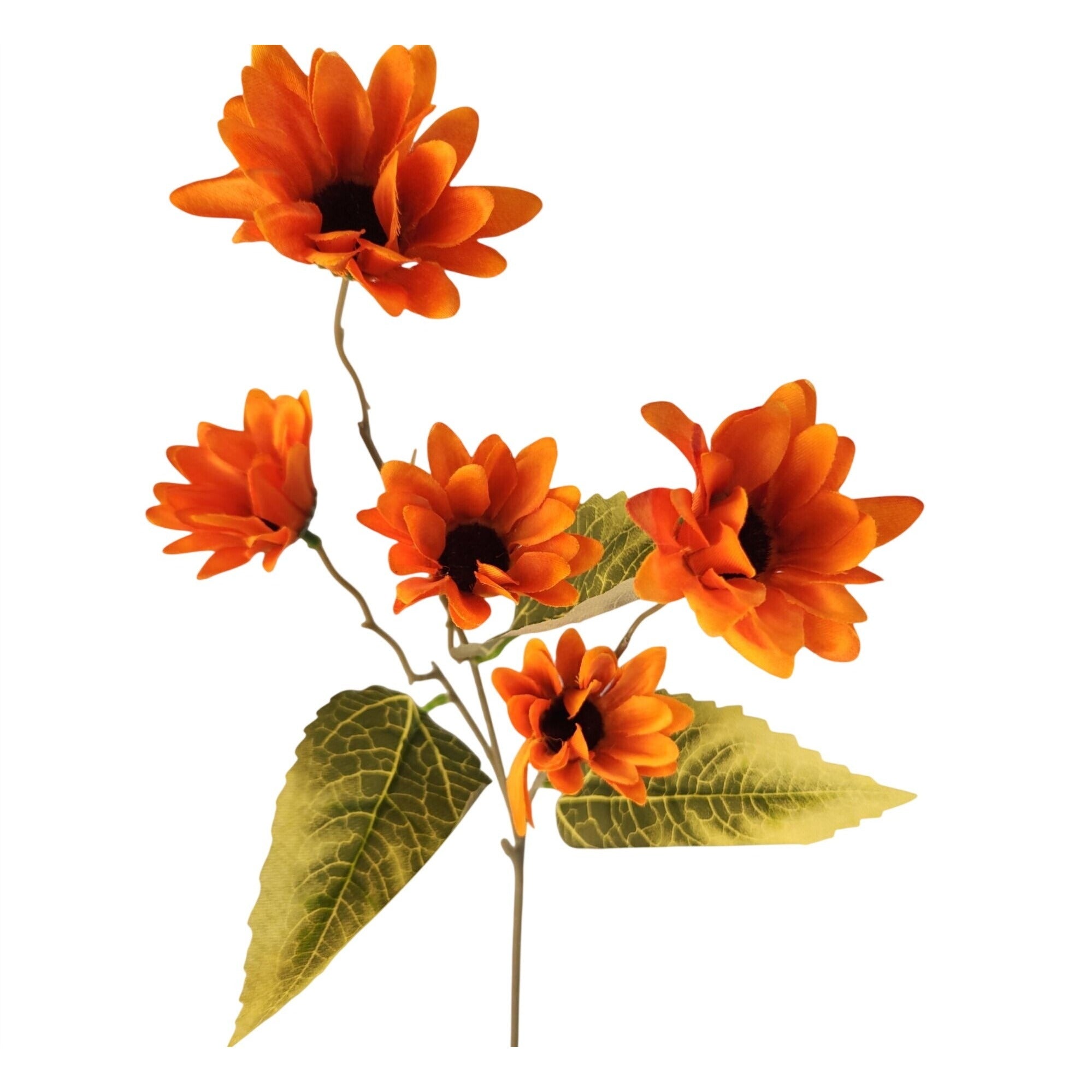 A cluster of artificial orange daisy-like flowers with dark centers and green leaves on a plain white background.
