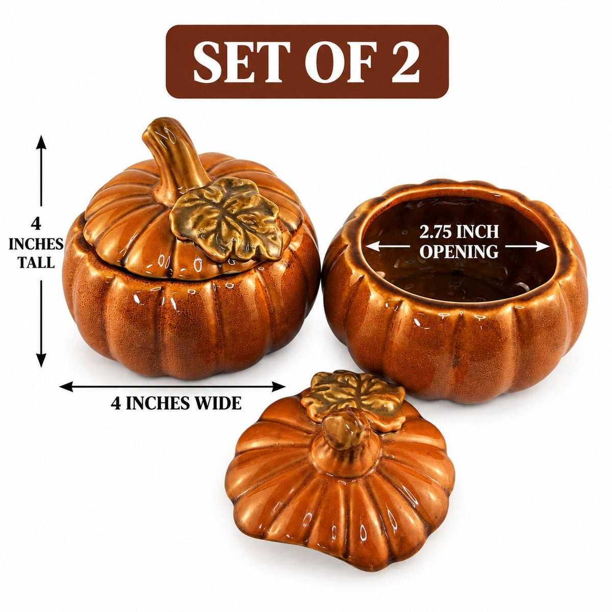 TII Collections Ceramic Pumpkin Containers Lids Set 2 Sugar Bowl Candy Dish Fall