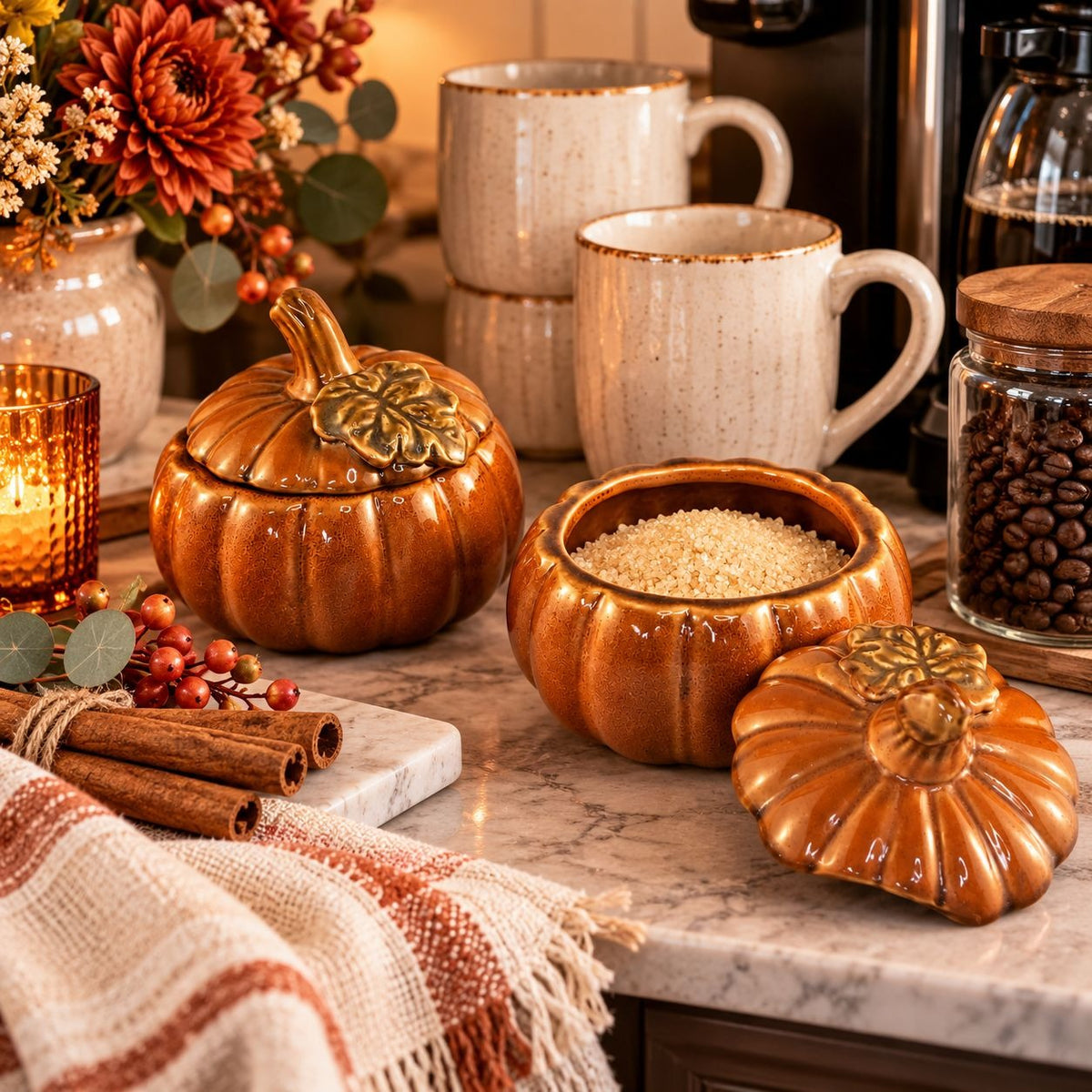 TII Collections Ceramic Pumpkin Containers Lids Set 2 Sugar Bowl Candy Dish Fall
