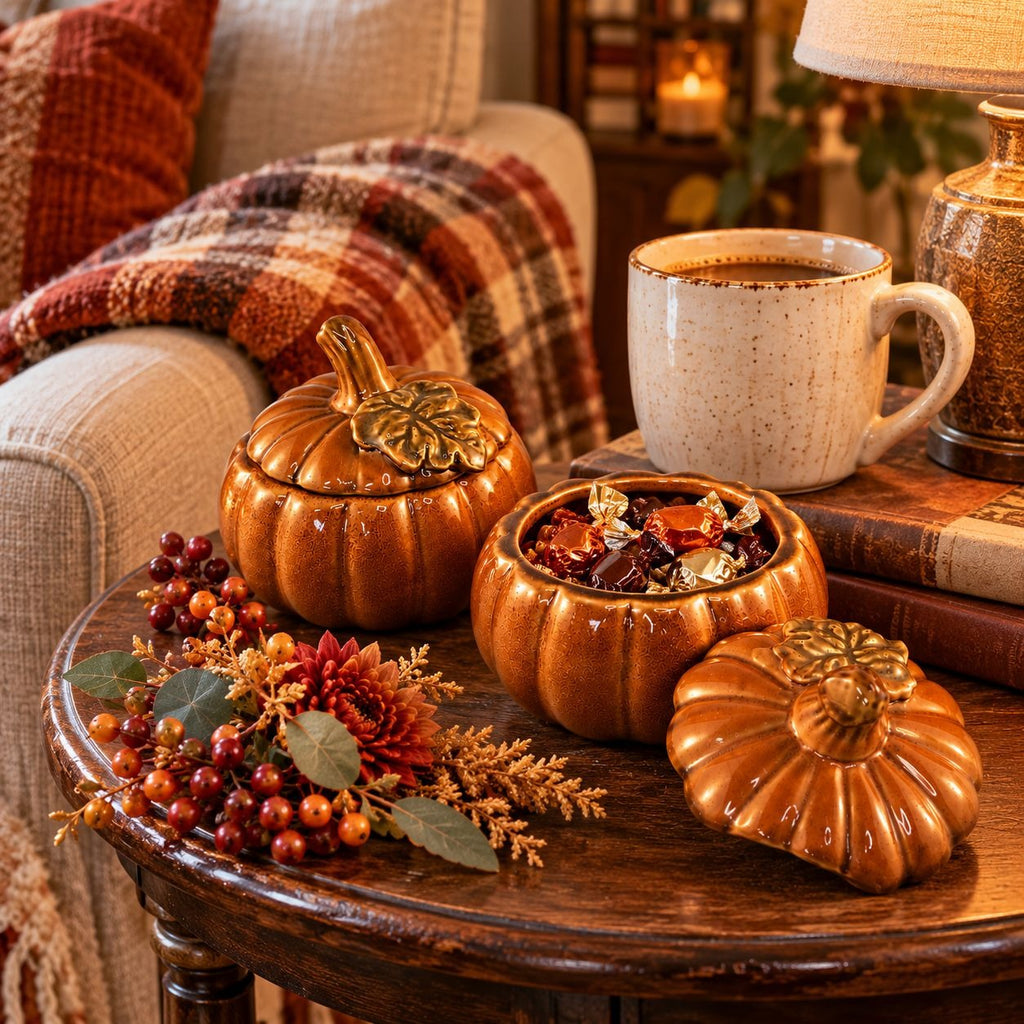 TII Collections Ceramic Pumpkin Containers Lids Set 2 Sugar Bowl Candy Dish Fall