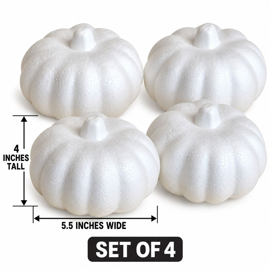 White Styrofoam Pumpkins Set of 4, 5.5-Inch Foam Craft Blanks, Paintable