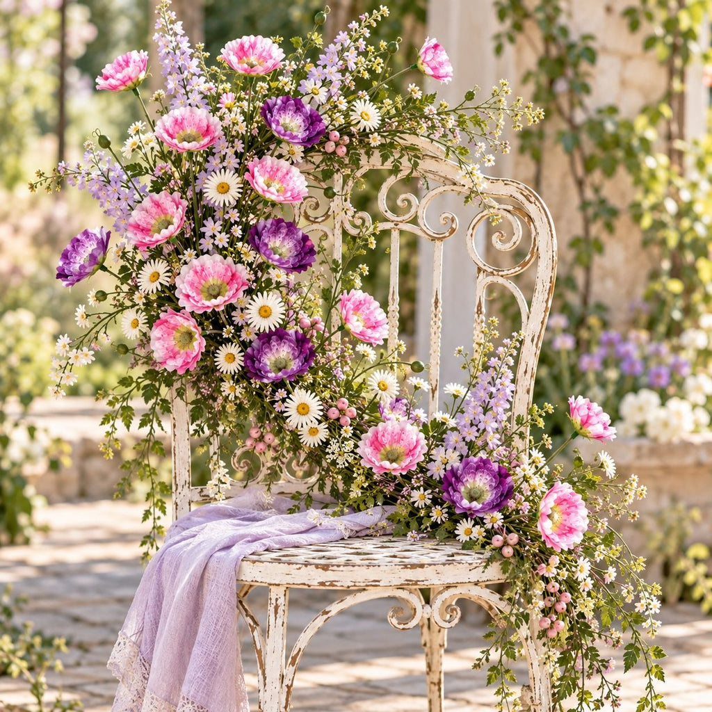 A large floral arrangement in pink, purple, white, and yellow flowers with green foliage, displayed on an ornate white distressed chair in a garden setting.