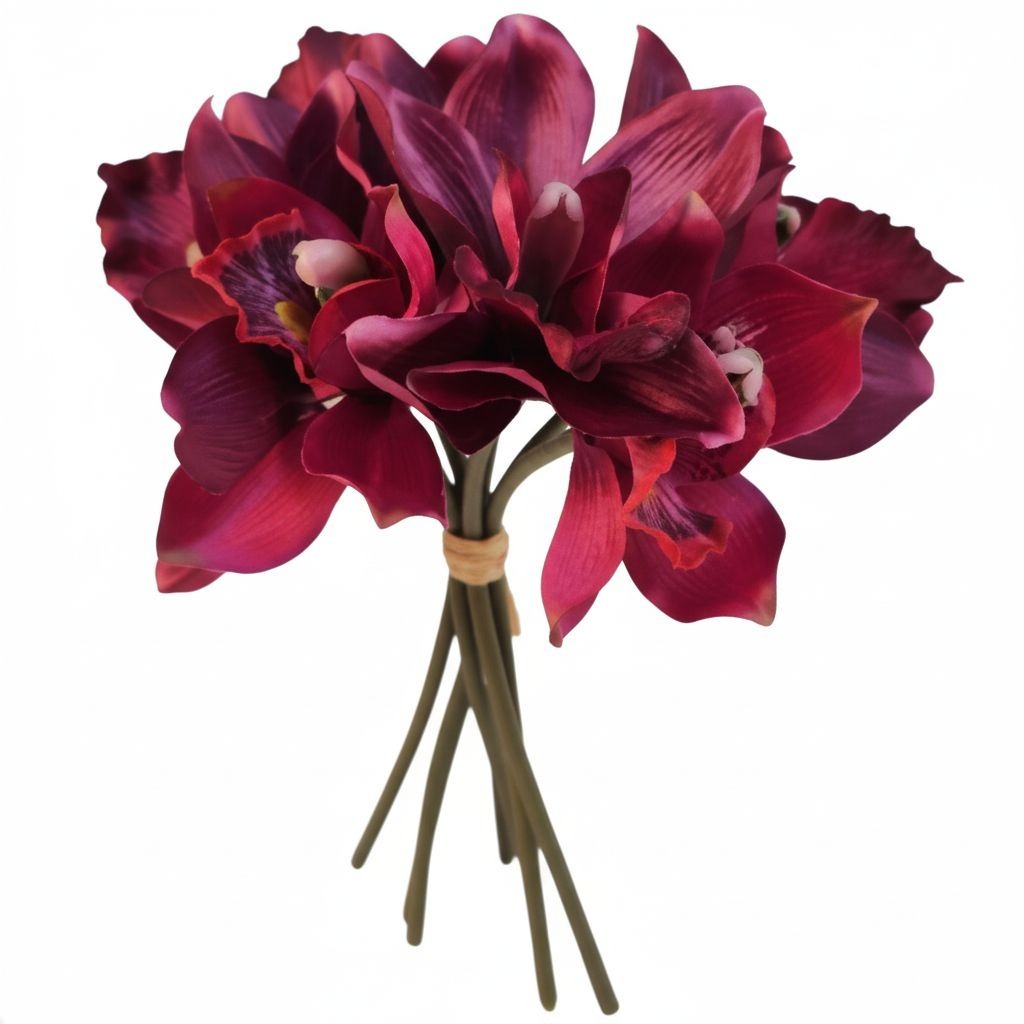 Artificial Purple Cymbidium Flowers, 7 Stem Faux Orchid Bouquet, Mulberry Wine Floral Arrangement, Home Decor