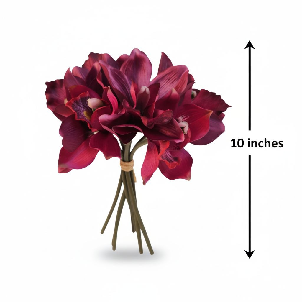 A bouquet of artificial dark burgundy orchids with green stems, shown on a white background with a black vertical measurement arrow and the text '10 inches' indicating height.