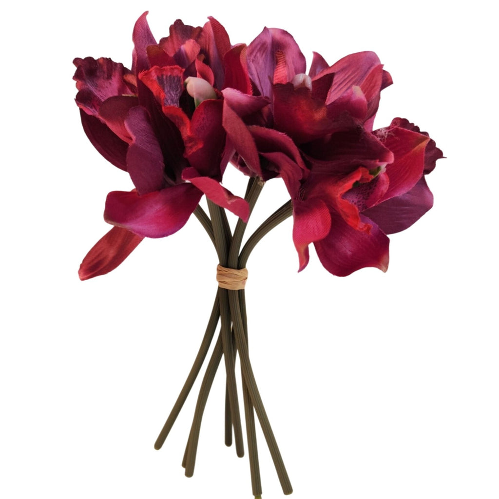 Artificial Purple Cymbidium Flowers, 7 Stem Faux Orchid Bouquet, Mulberry Wine Floral Arrangement, Home Decor