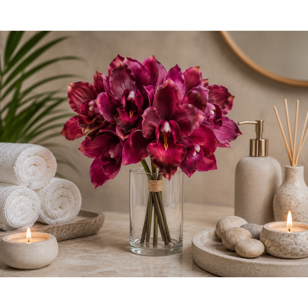 Artificial Purple Cymbidium Flowers, 7 Stem Faux Orchid Bouquet, Mulberry Wine Floral Arrangement, Home Decor