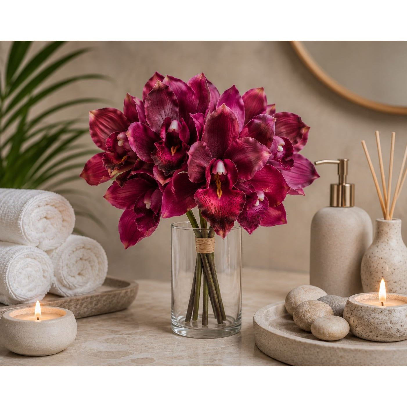 Artificial Purple Cymbidium Flowers, 7 Stem Faux Orchid Bouquet, Mulberry Wine Floral Arrangement, Home Decor