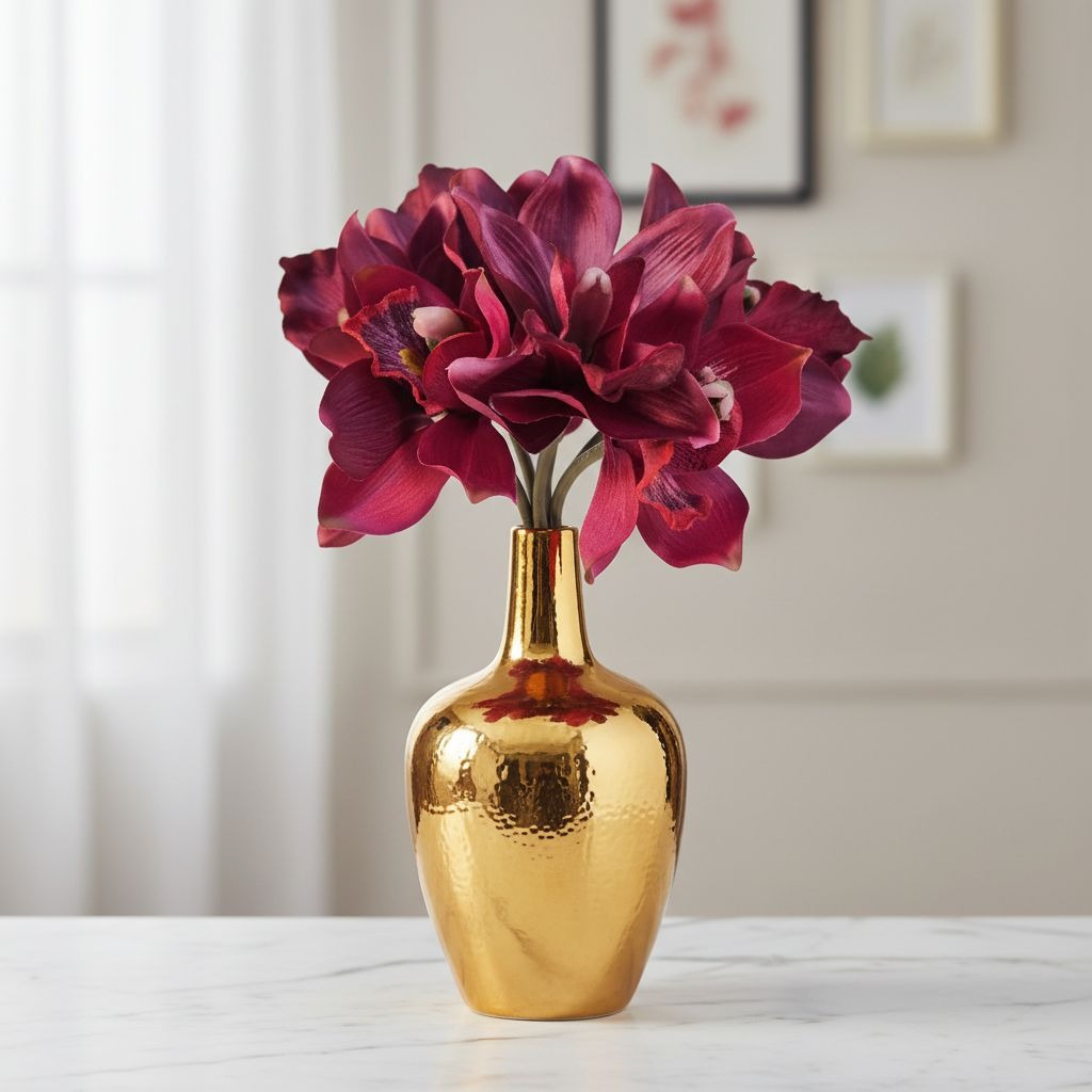 Artificial Purple Cymbidium Flowers, 7 Stem Faux Orchid Bouquet, Mulberry Wine Floral Arrangement, Home Decor