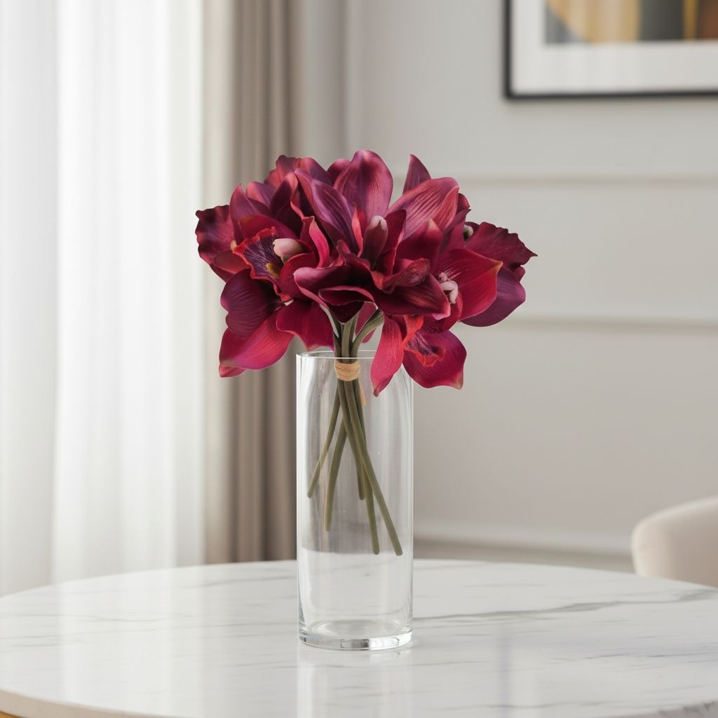 Artificial Purple Cymbidium Flowers, 7 Stem Faux Orchid Bouquet, Mulberry Wine Floral Arrangement, Home Decor