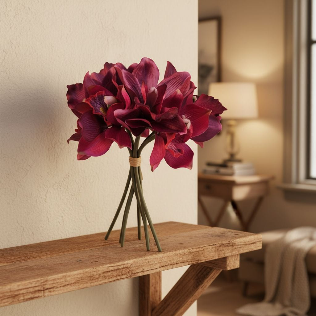 Artificial Purple Cymbidium Flowers, 7 Stem Faux Orchid Bouquet, Mulberry Wine Floral Arrangement, Home Decor