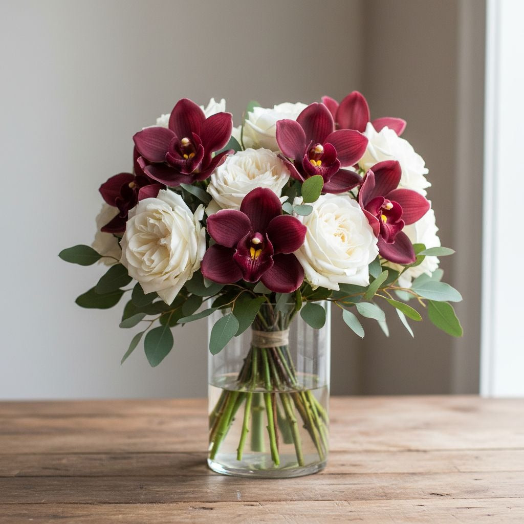 Artificial Purple Cymbidium Flowers, 7 Stem Faux Orchid Bouquet, Mulberry Wine Floral Arrangement, Home Decor