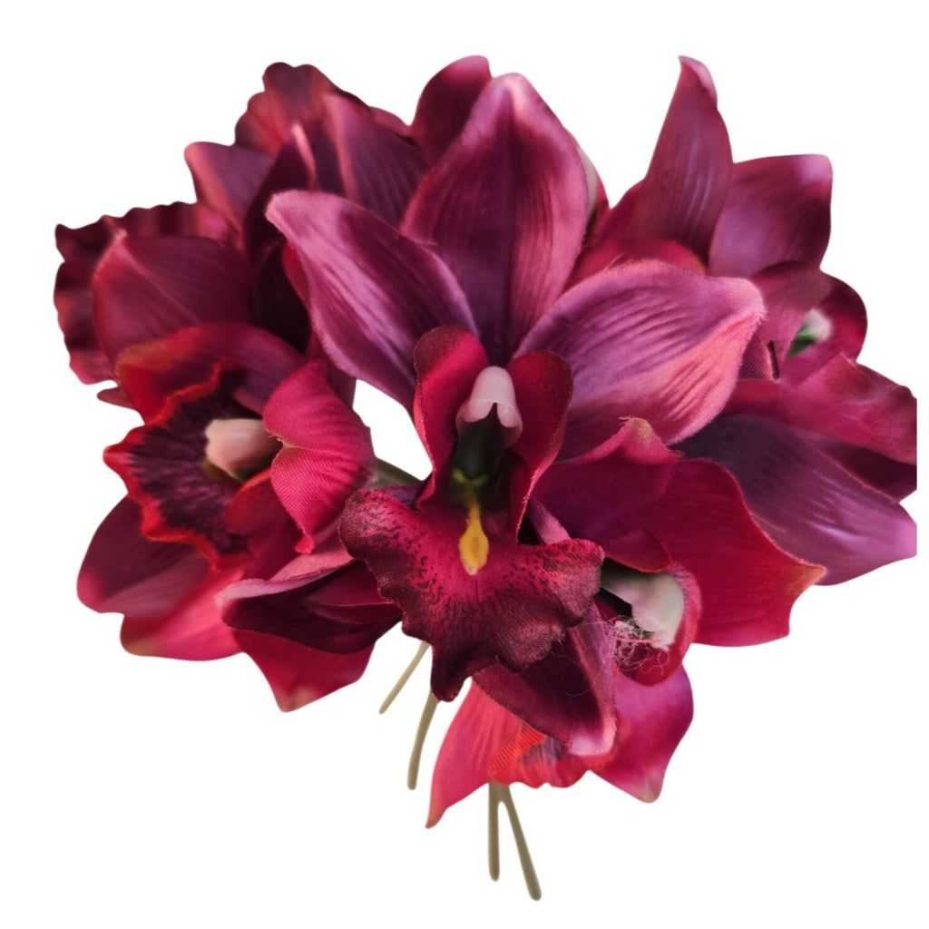 Artificial Purple Cymbidium Flowers, 7 Stem Faux Orchid Bouquet, Mulberry Wine Floral Arrangement, Home Decor