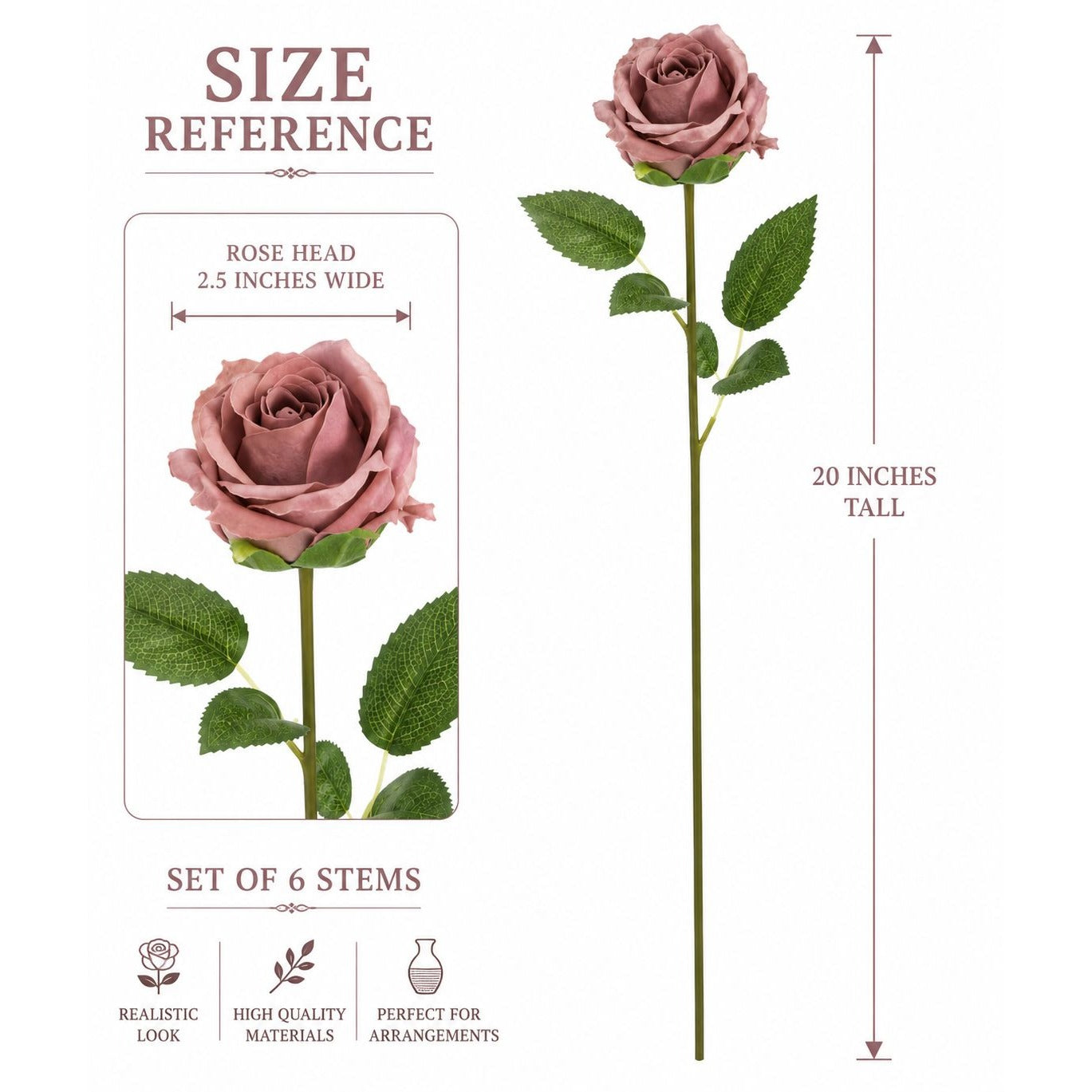 Pink Mauve Rose Stem Set of 6 Dusty Rose Faux Flowers Artificial Long Stem Roses Vintage Mauve Floral Stems Wedding Decor