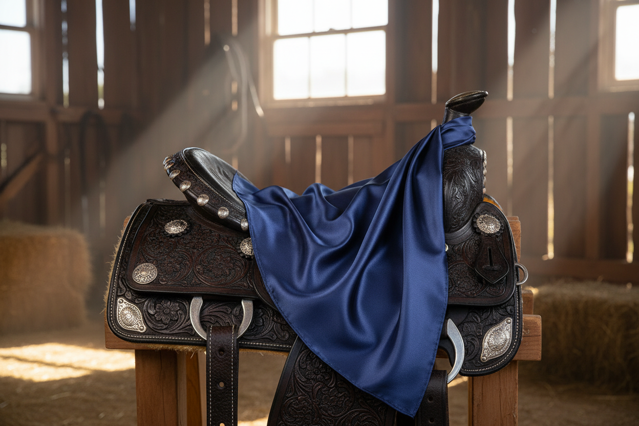 Navy blue wild rag 23x23 draped over western saddle with tack