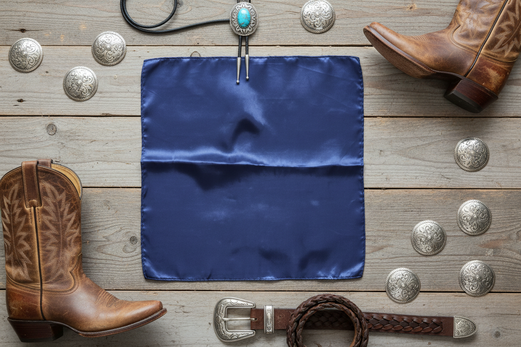 Navy blue wild rag 23x23 laid flat in square shape with western accessories