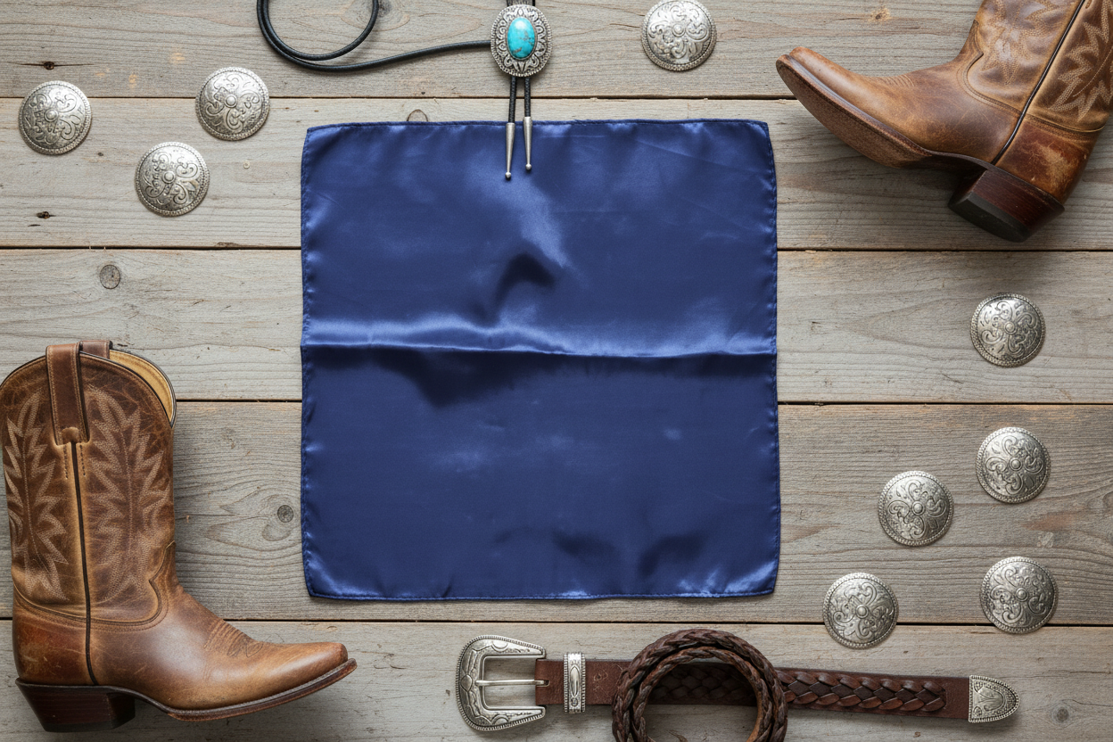 Navy blue wild rag 23x23 laid flat in square shape with western accessories