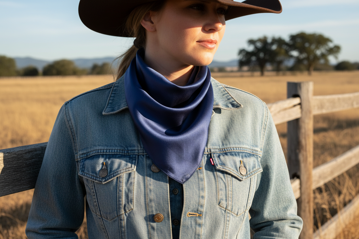 Navy blue wild rag 23x23 scarf wrapped around cowgirl's neck