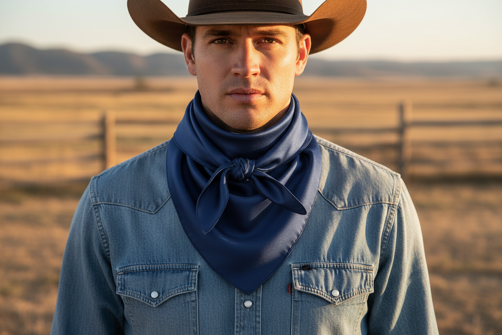 Navy blue wild rag scarf doubled around cowboy's neck