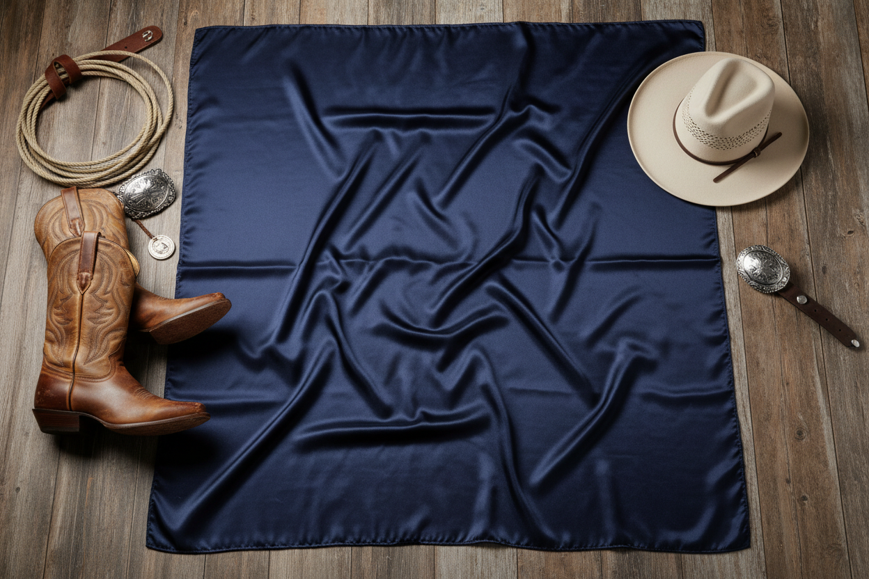 Navy blue wild rag scarf flat lay with western accessories