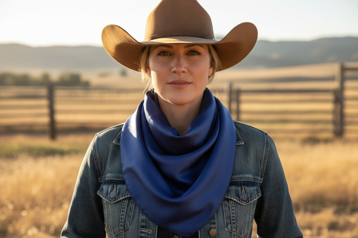 Navy blue wild rag scarf worn by cowgirl with denim and hat