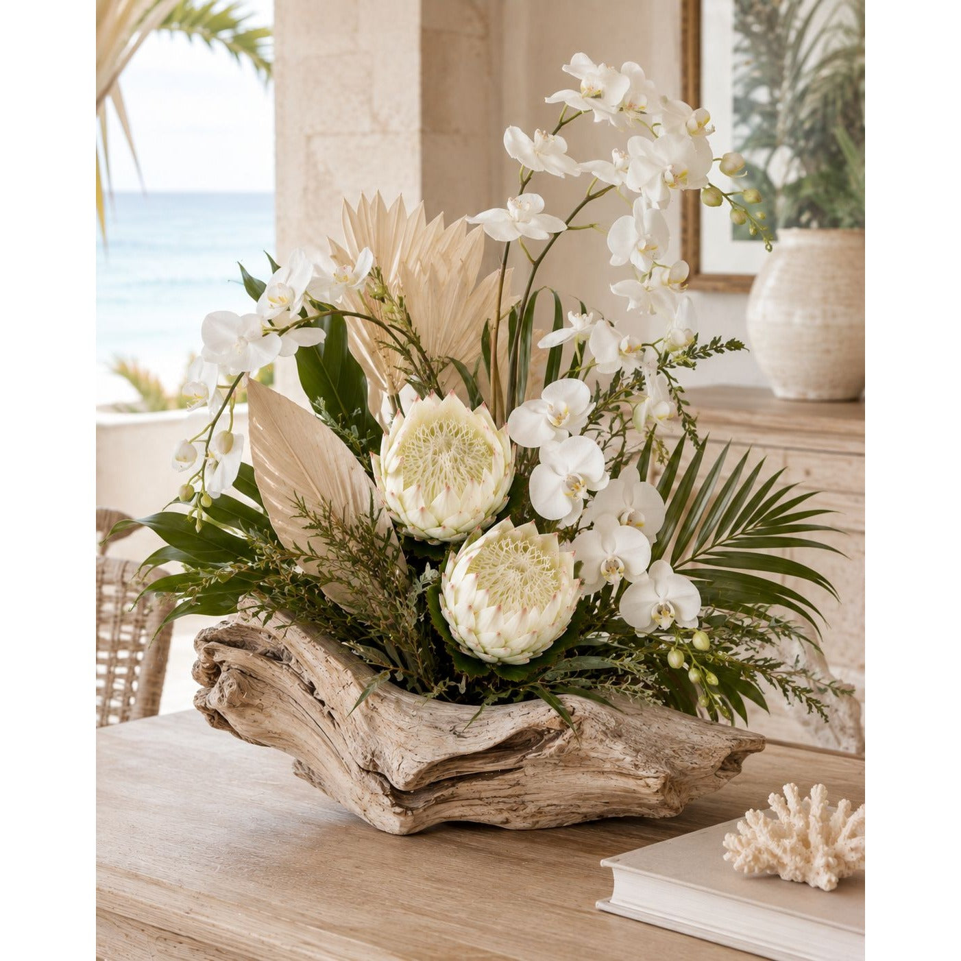 1 Artificial Faux Protea Flower Stem Cream White Pink Tips 24 Inch Wired Tropical Wedding Floral