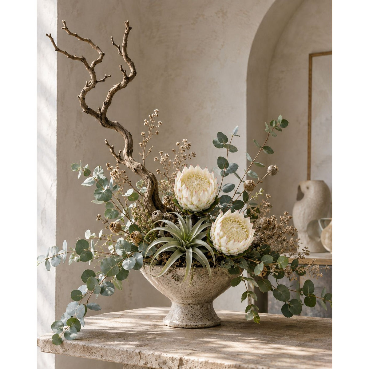 1 Artificial Faux Protea Flower Stem Cream White Pink Tips 24 Inch Wired Tropical Wedding Floral