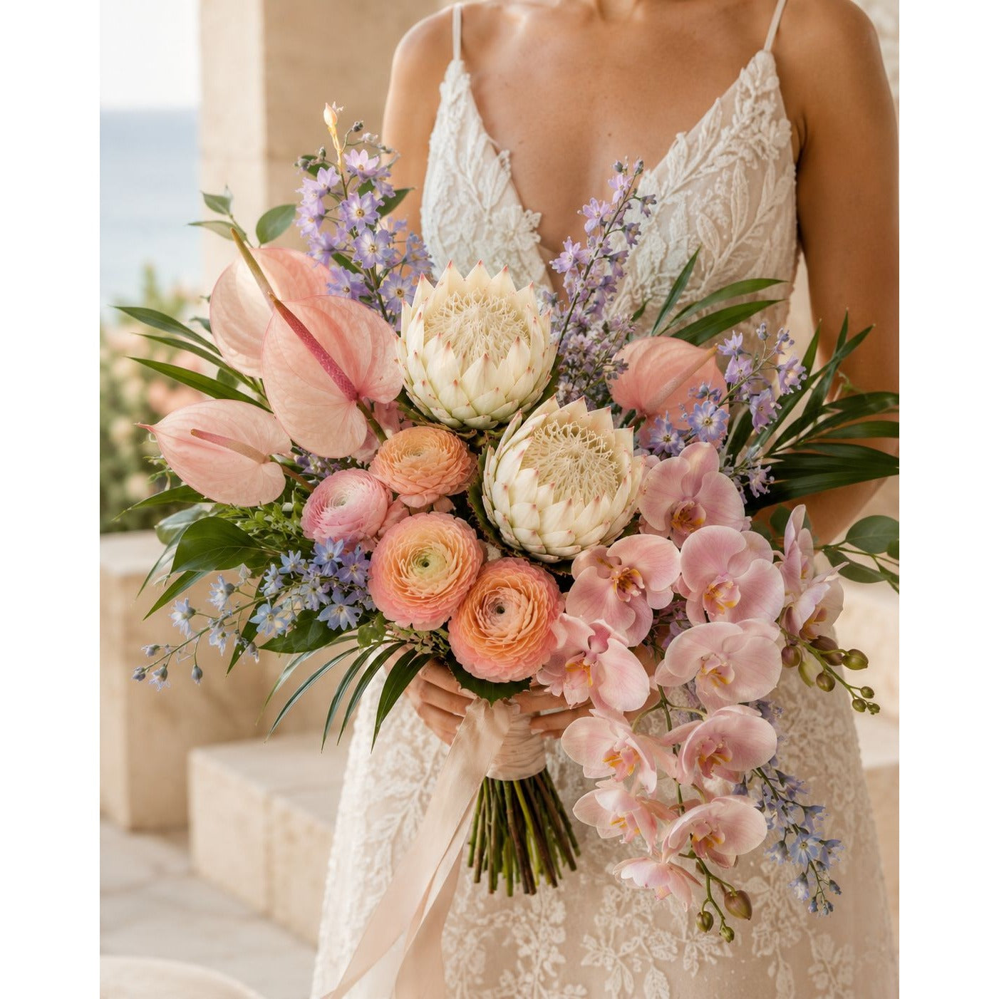1 Artificial Faux Protea Flower Stem Cream White Pink Tips 24 Inch Wired Tropical Wedding Floral